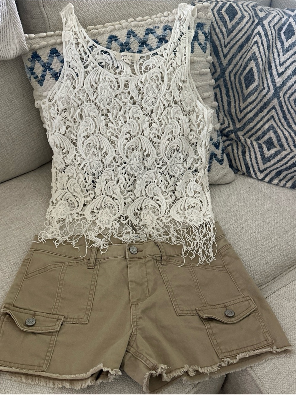 paper tee Cream Crochet Lace Tank with cargo shorts